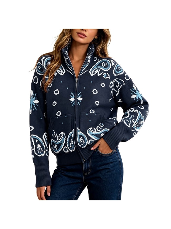 Vintage Zip Up Knit Sweaters for Women Bandana Paisley Print Stand Collar Jacket Long Sleeve Casual Fall Cardigan Coat Outfits