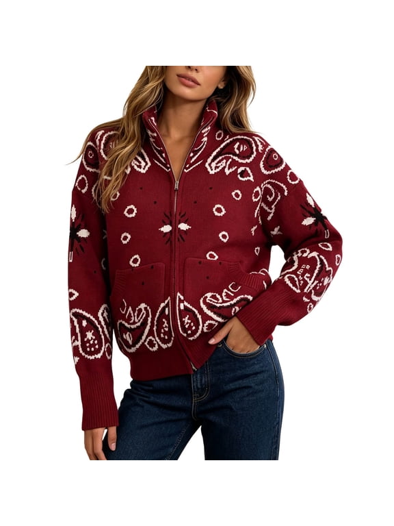 Vintage Zip Up Knit Sweaters for Women Bandana Paisley Print Stand Collar Jacket Long Sleeve Casual Fall Cardigan Coat Outfits
