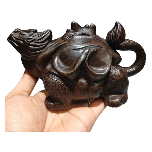 Vintage Zisha Teapot Beautiful Dark Tea Dragon Turtle Biomorphic Sculpted Figurine Artisan Carved Detail Auspicious Mythical