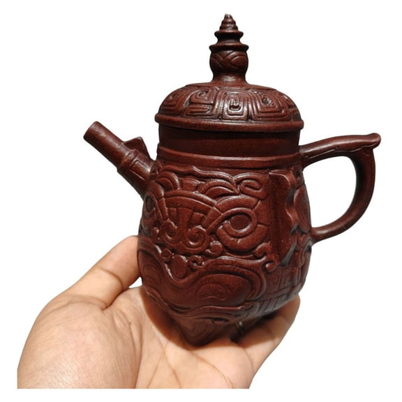 Vintage Zisha Teapot Beautiful Dark Tea Tri Foot Tripod Carved Scroll Pattern Engraved Etched Relief Cloud Motif Calligraphy