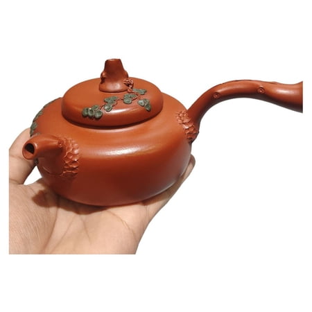 Vintage Zisha Teapot Calligraphic Relief Sculpted Textured Engraved Detailed Curved Round Organic Pine Side Statue
