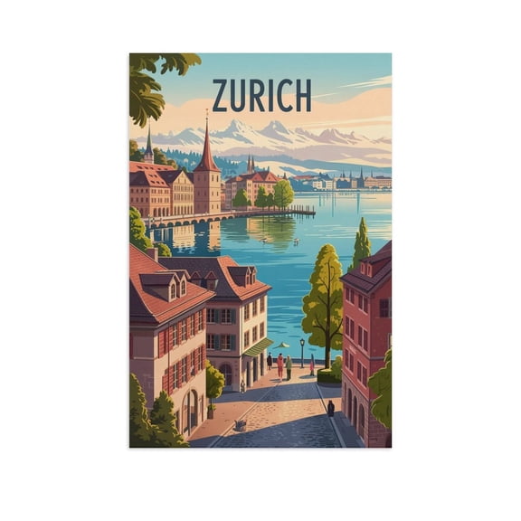 Vintage Zurich Cityscape Retro Swiss Tourism with Lake And Alps for Decor Print Poster