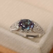 Vintage alexandrite engagement ring, sterling silver oval cut retro milgrain ring, June birthstone