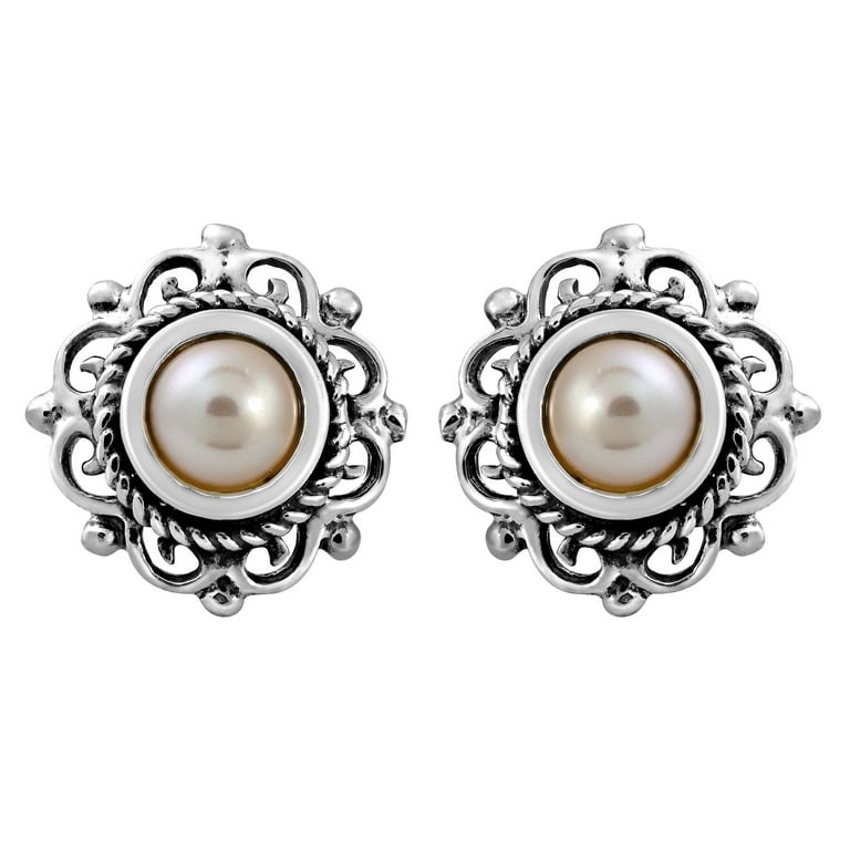 Sterling Silver Filigree Round Pearl Earrings Sterling Silver Filigree Round Pearl Earrings