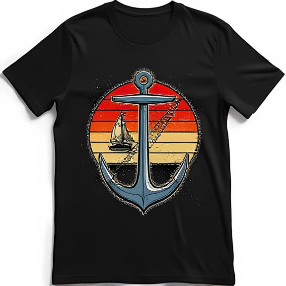 Vintage and Sunset Design Black T-Shirt with Sailboat and Rope Detail