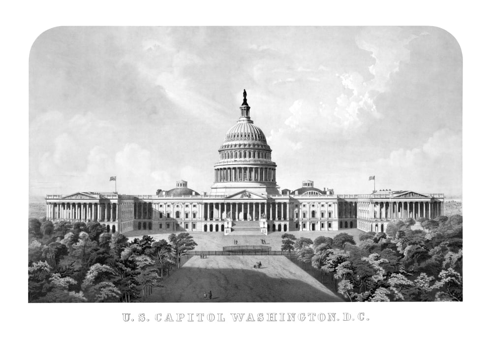 Vintage architecture print of The United States Capitol Building Canvas Art - John ParrotStocktrek Images (17 x 12)