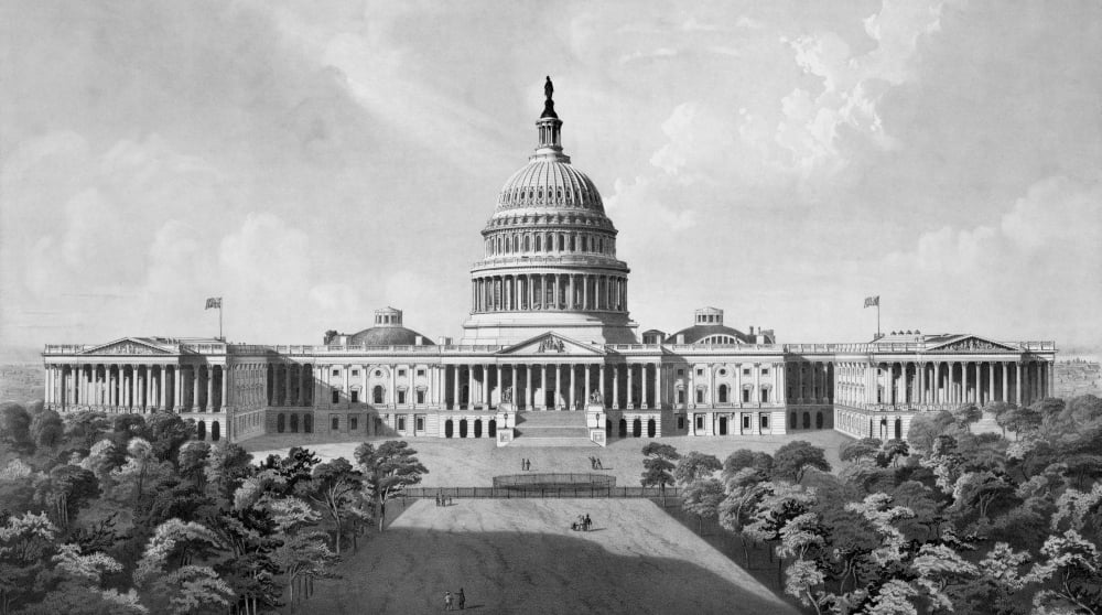 Vintage architecture print of The United States Capitol Building Canvas Art - John ParrotStocktrek Images (38 x 22)