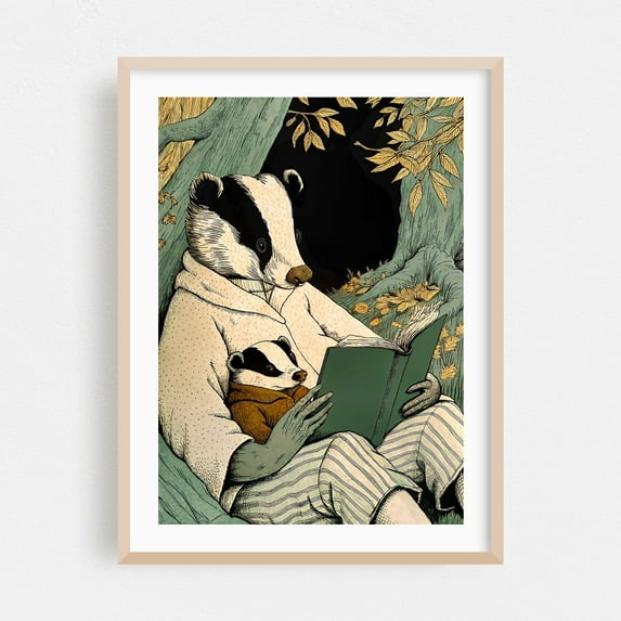 Vintage badger reading a-book-to a young badger - Illustration Reading Animal Whimsical Woodland Autumn Mystical Oak Framed Wall Art Print 6 x 8 inches