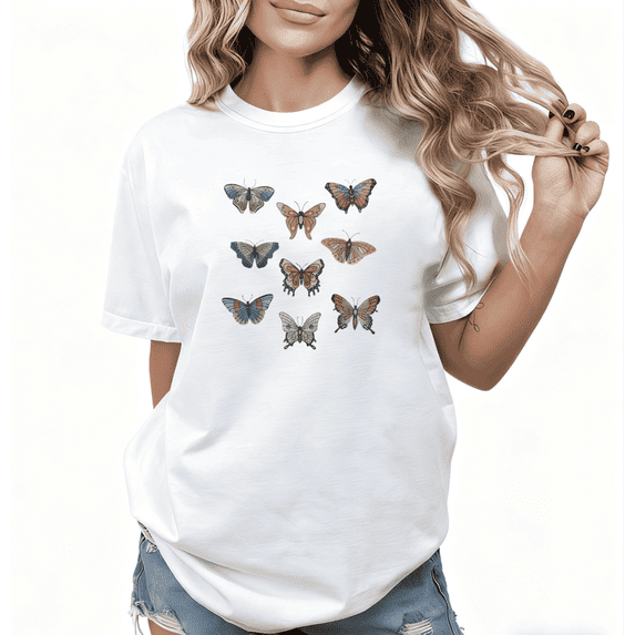 Vintage Butterfly Graphic Trendy beautiful Tee T-Shirt Top Print Short Sleeve Round Neck White S-5XL