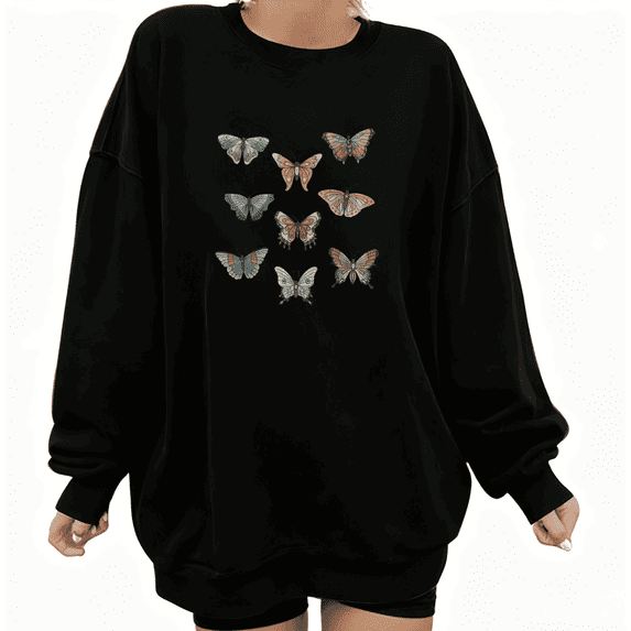 Vintage beautiful Butterfly Graphic Tee T-Shirt Top Print Breathable Round-neck long-sleeved Black S-3XL