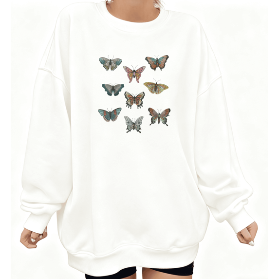 Vintage beautiful Butterfly Graphic Tee T-Shirt Top Print Breathable Round-neck long-sleeved white S-3XL