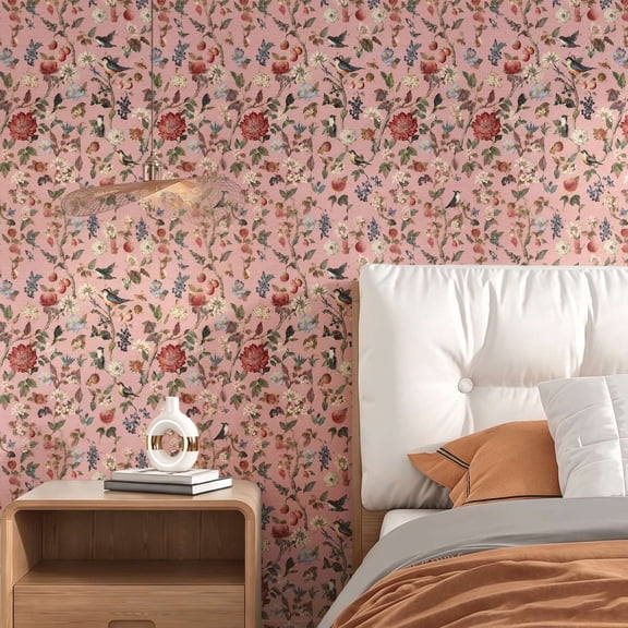 Vintage bird and floral wallpaper.Victorian aesthetic style.Suitable for interior walls or cupboards.Soft pink elegant design peel and stick wallpaper.