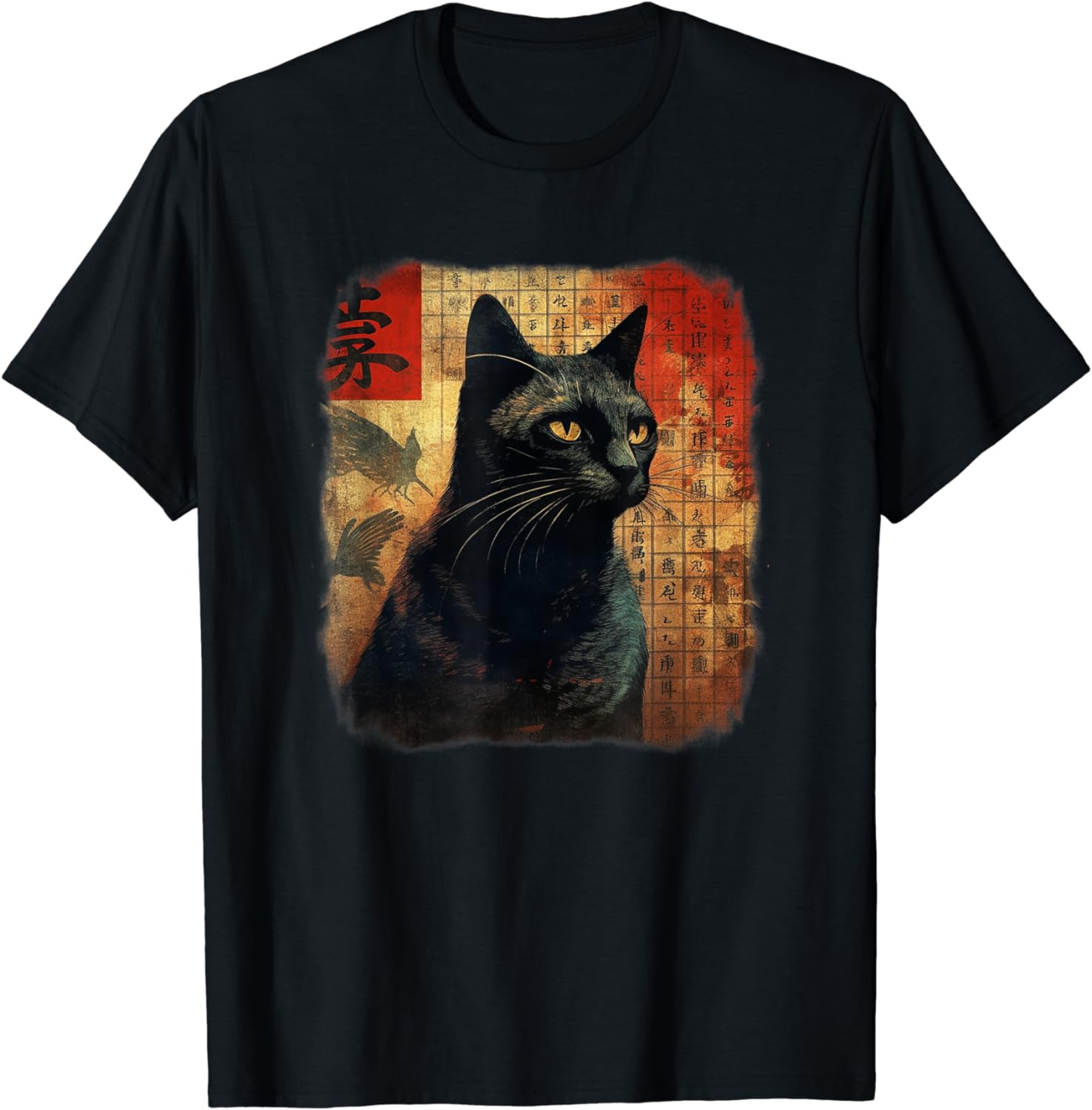 Vintage black cat Japanese style anime style art portrait T-Shirt ...