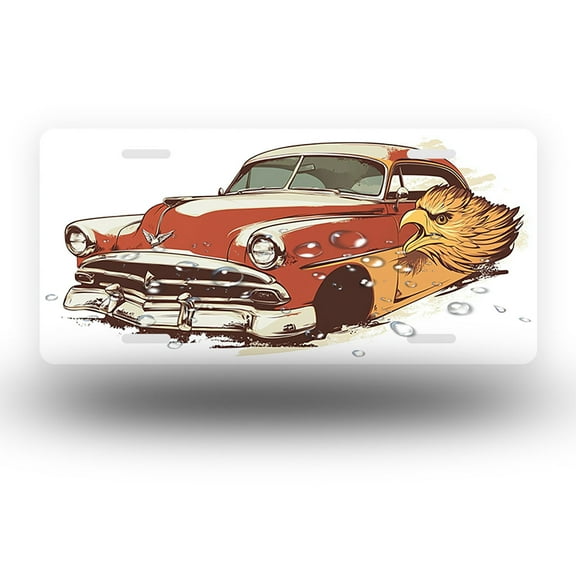 Vintage car with eagle decoration Front License Plate, Metal License Plate, Funny Standard Plates Personalized Novelty Decorative For Men/Women/Boys/Girls Car 6×12 Inch