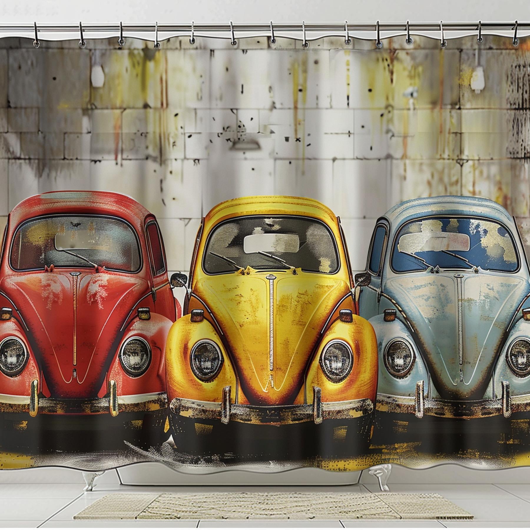 Vintage car themed shower curtain with hyperrealistic Leonardo da Vinci