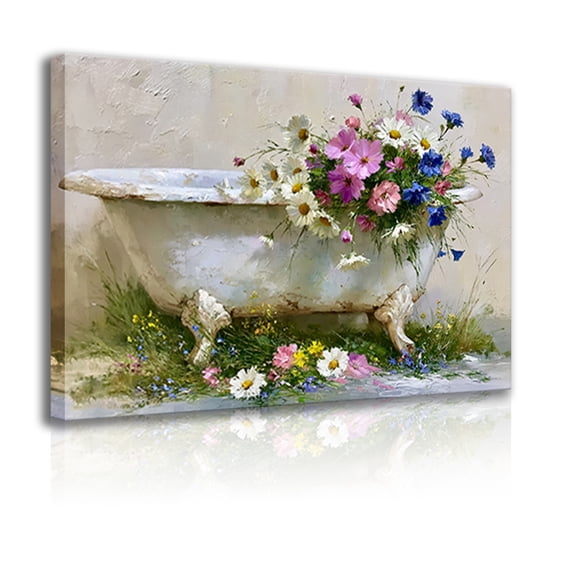 Vintage clawfoot bathtub and colorful canvas wall decoration frames, rustic distressed chic floral pattern, spring bathroom, home decor.