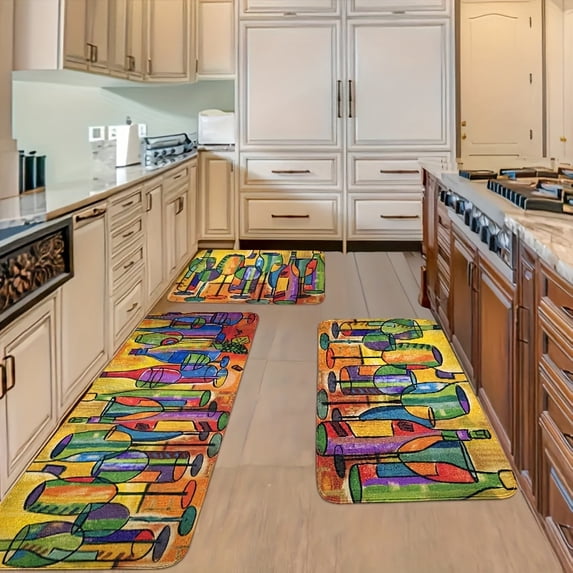 Vintage country Style Kitchen Mat Set, Anti-Slip Flannel Cushioning Mat for Wine Glass, Easy Clean Floor Mat for Kitchen, Living Room, Dining, Bathroom & Entrance
