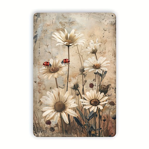 Vintage daisy and ladybug wrought iron plaque - rustic floral wall decoration suitable for homes, cafes, bars, garages - bohemian style indoor/outdoor garden decor.