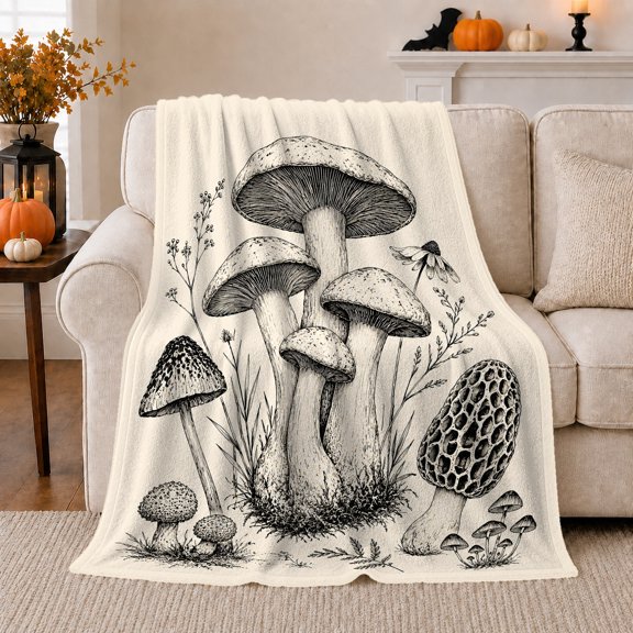 Vintage decorative motif Botanical Illustration, Cozy Woodland Scene, Warm Flannel Blanket for Cabin and Lodge with Detailed Artwork, Garden Lovers Housewarming Gift, Botanical Home Decor