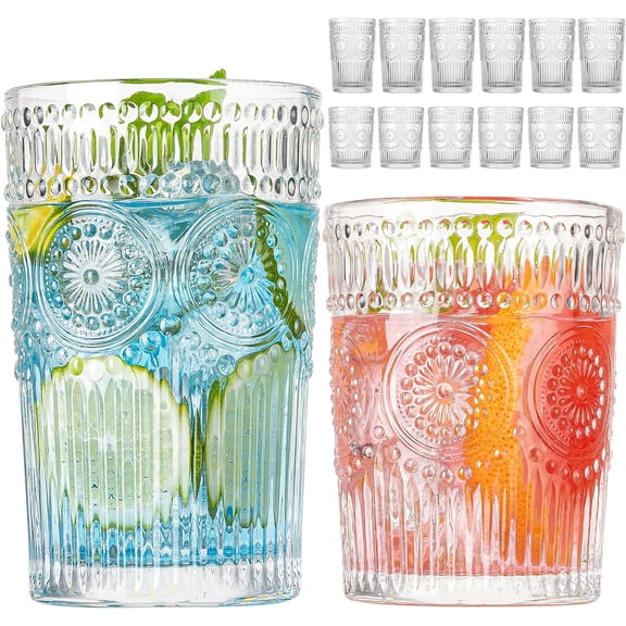 Vintage drinking glass set, 12 pieces, textured transparent striped glasses - 6 highball glasses 13 ounces & 6 rock glasses 10 ounces, textured glassware set, mojito glasses, cocktail glasses, iced c