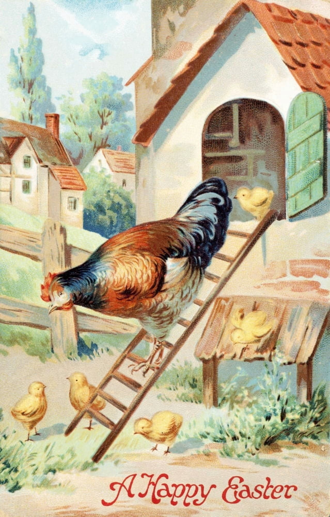 Vintage easter greeting card with illustration of hen and chicks from 20th century Canvas Art - Remsberg Inc Design Pics (12 x 19)