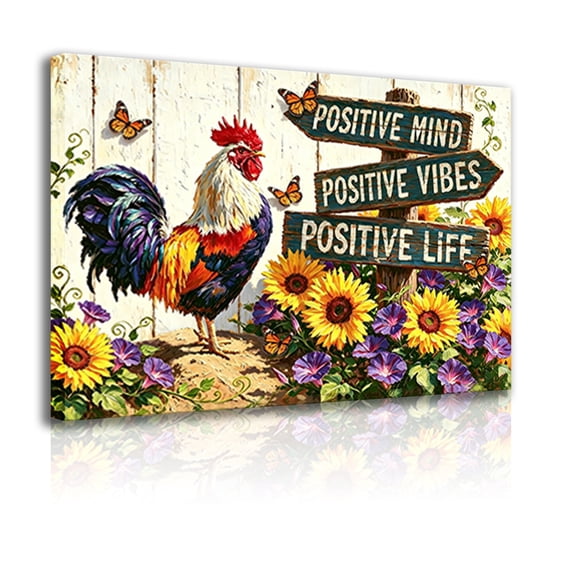 Vintage farmhouse-style canvas art decorative frame, rooster art, positive mindset, positive energy, positive living wooden sign printing, floral art, kitchen and living room decoration.