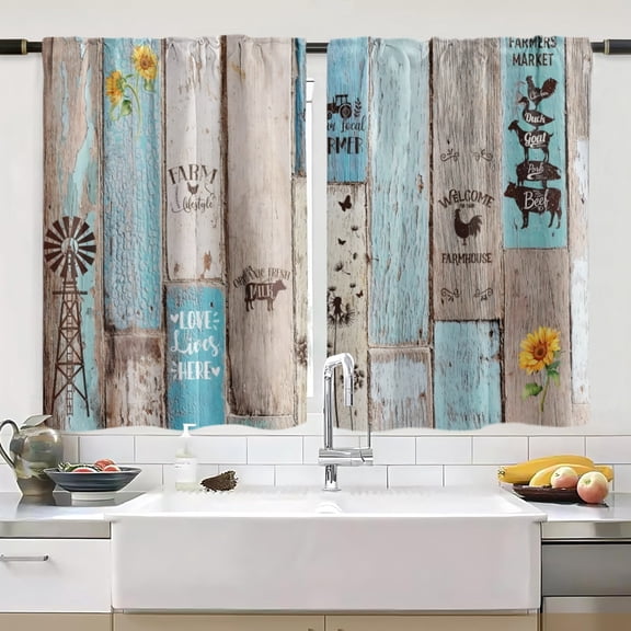 Vintage farmhouse style polyester wrinkle-resistant curtains; rustic floral pattern vintage wooden short curtains; teal wooden curtains; suitable for kitchen/living room, 26x36 inches