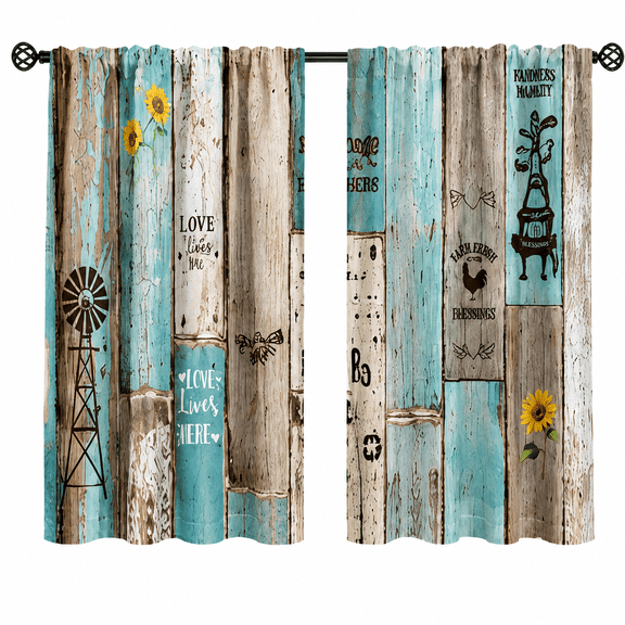 Vintage farmhouse style polyester wrinkle-resistant curtains; rustic floral pattern vintage wooden short curtains; teal wooden curtains; suitable for kitchen/living room, 27.5x39 inches