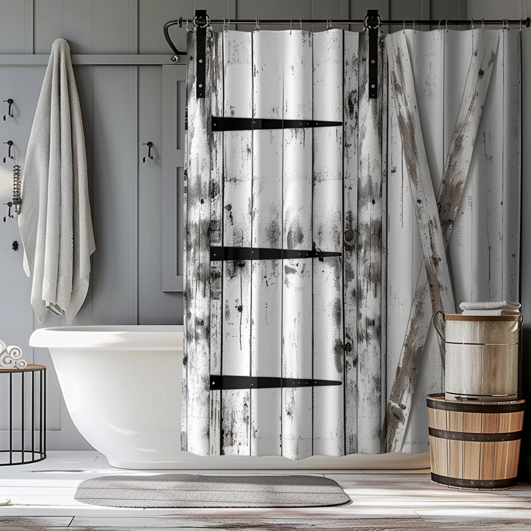 Vintage farmhouse style shower curtain with black and gray design