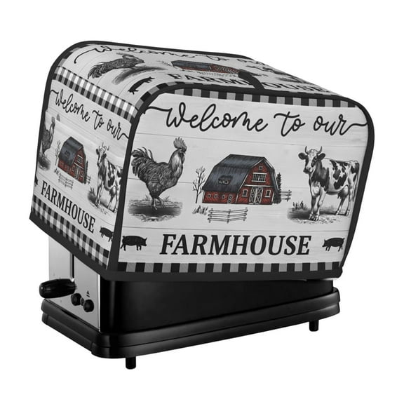 Vintage farmhouse toaster cover with farmyard rooster and cow pattern, suitable for 2-piece wide slot small kitchen appliances, washable and dustproof