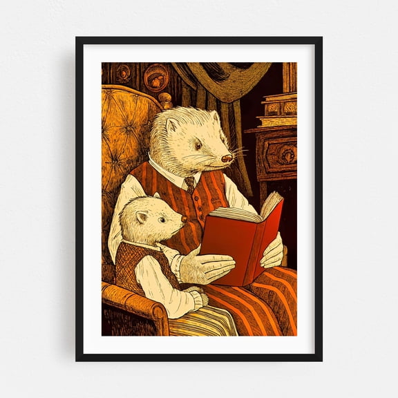 Vintage ferrets reading a book - Illustration Reading Animal Whimsical Art Deco Library Black Framed Wall Art Print 16 x 24 inches
