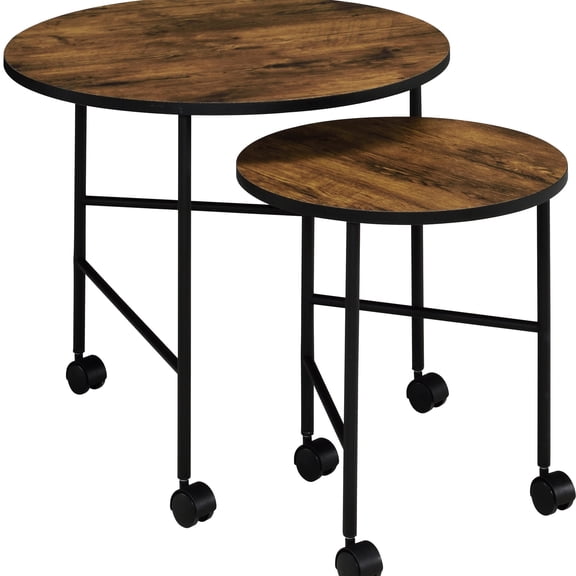 Vintage finish, round coffee table - Great for small spaces, easy relocation with wheels