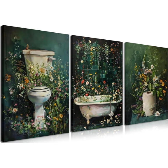 Vintage floral bathroom mural with frame, dark green Moody flower canvas print, used for bathroom and home decoration. Different specifications to choose from