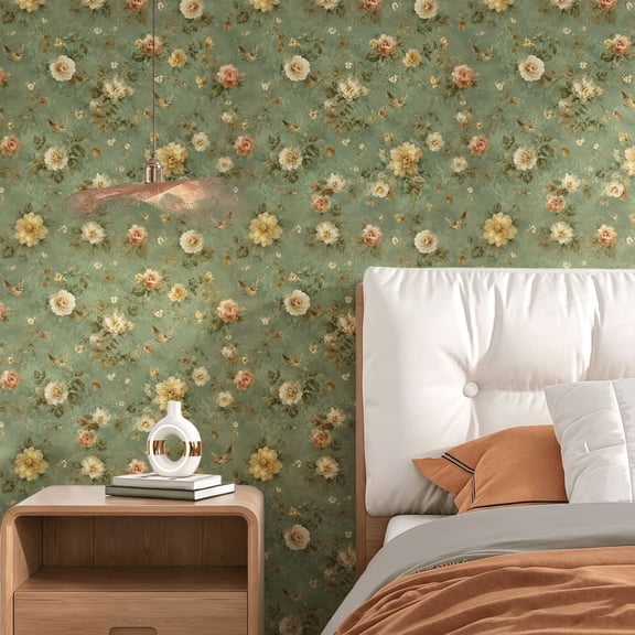 Vintage floral bird wallpaper.Victorian classic style.suitable for indoor walls or cupboards.high quality aesthetic wall decor art.118" x 17.7"in