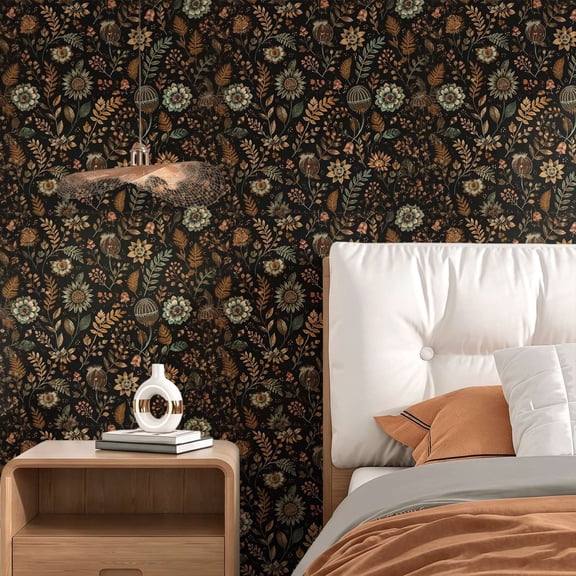 Vintage floral botanical wallpaper.Dark aesthetic baroque luxury style.Suitable for interior walls or cabinet doors home decor.