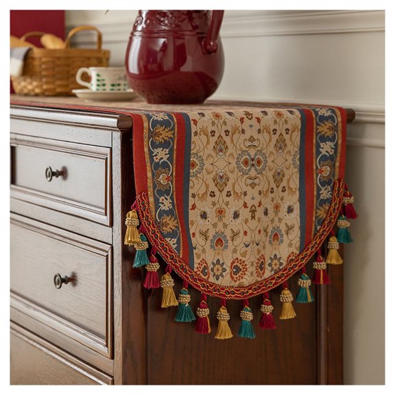 Vintage floral table runner with tassels, table decoration with tassels, washable table decoration for kitchen dining table, table runner decoration for garden parties and weddings