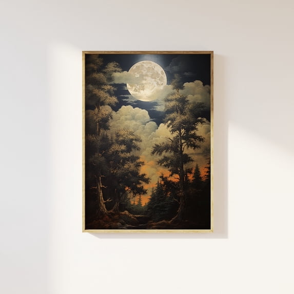 Vintage full moon through the trees art print | Nostalgia, dark academia, gloomy night time cosy aesthetic, moonlight, woodland, celestial