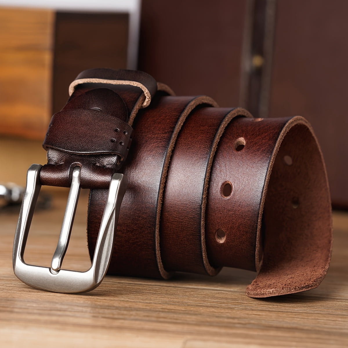 Full Grain Leather Belt with Vintage Square Buckle Men main image 2