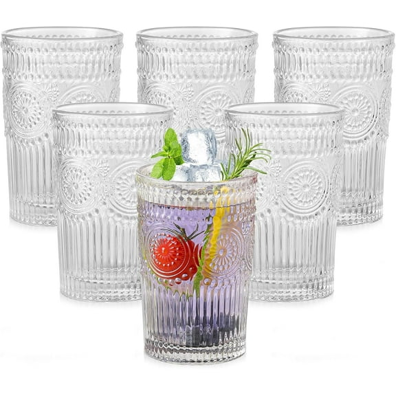 Vintage glass drinking mug set, 6-piece set, 13oz blue textured floral pattern glass mugs, embossed striped drinking utensils, suitable for water, cocktails, juice, iced coffee.