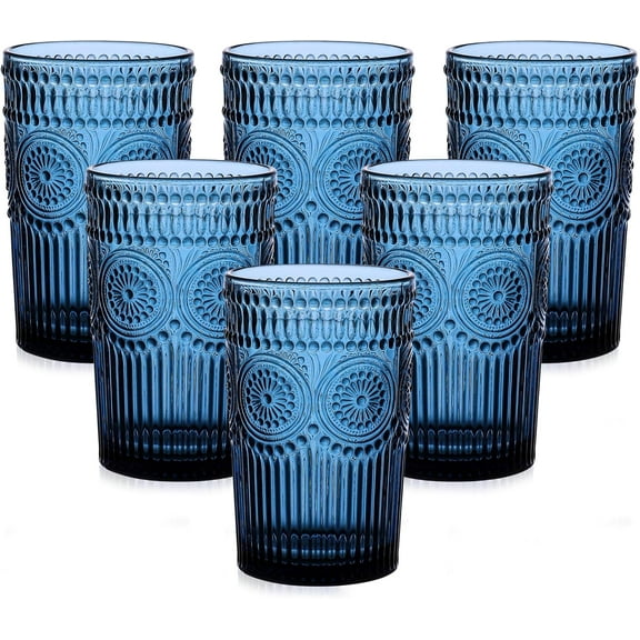 Vintage glass drinking mug set, 6-piece set, 13oz blue textured floral pattern glass mugs, embossed striped drinking utensils, suitable for water, cocktails, juice, iced coffee.