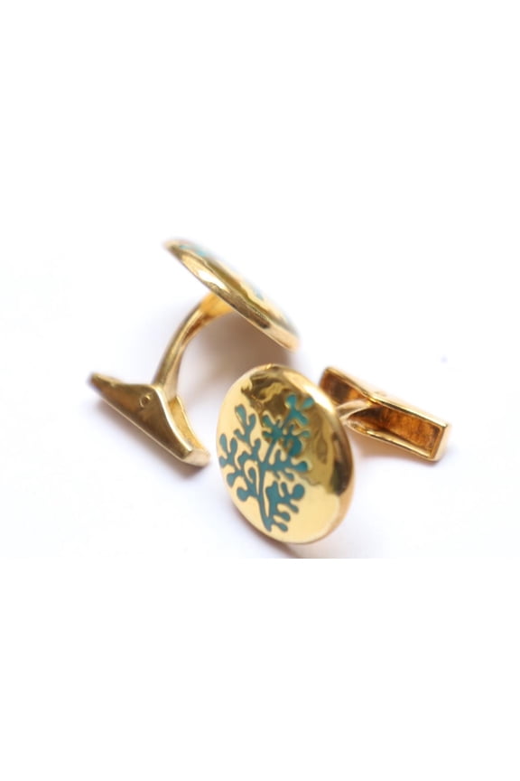 Vintage gold plated turquoise enamel oak tree pattern sterling silver cufflinks for men