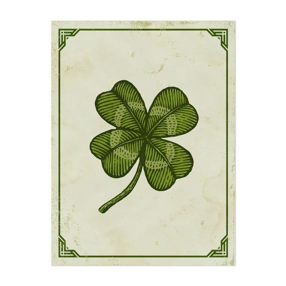Vintage green lucky clover with four leaf in engraving style. - Illustration Vintage Botanical Nature Art Deco Unframed Wall Art Print 18 x 24 inches