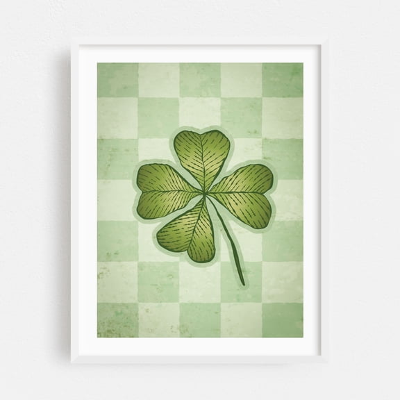Vintage green lucky clover with four leaf in hand drawing style. - Illustration Botanical Nature Pattern White Framed Wall Art Print 16 x 20 inches