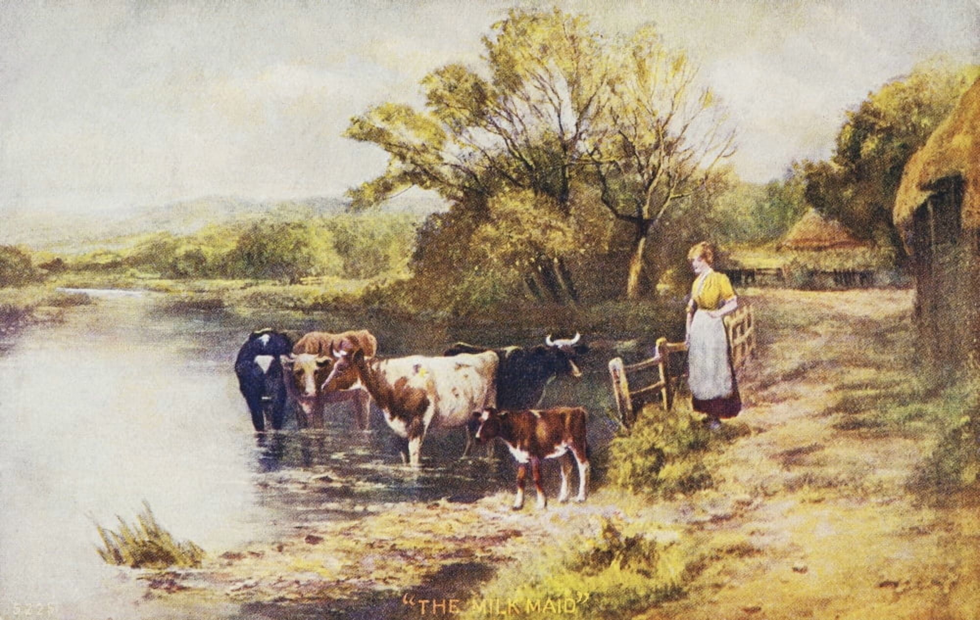 Vintage greeting card with illustration of milkmaid next to cows in a stream from the 19th century Canvas Art - Remsberg Inc Design Pics (19 x 12)