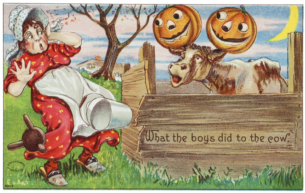 Vintage halloween greeting card with cow with jack-o-lanterns on horns from 20th century Canvas Art - Remsberg Inc Design Pics (19 x 12)