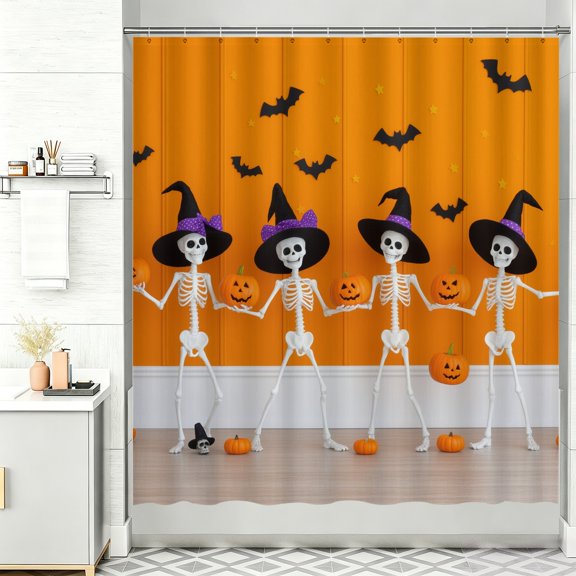 Vintage halloween shower curtain A group of skeletons holding pumpkins in front of an orange wall shower curtain funky 72 x 72 shower curtain halloween bathroom
