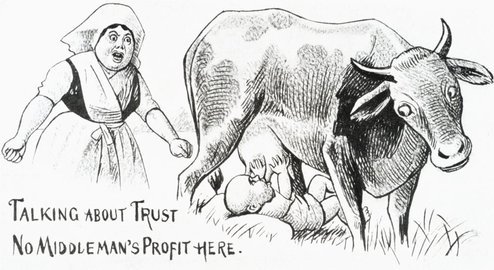 Vintage illustration of baby sucking utters from cow and angry mother from 19th century Canvas Art - Remsberg Inc Design Pics (20 x 11)