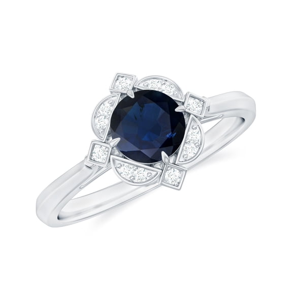 Rosec Jewels Vintage inspired Ring - Blue Sapphire Engagement Ring with Diamond, 18K White Gold, US 8.00
