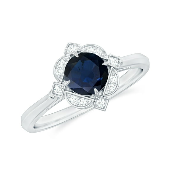 Rosec Jewels Vintage inspired Ring - Blue Sapphire Engagement Ring with Diamond, 18K White Gold, US 9.50