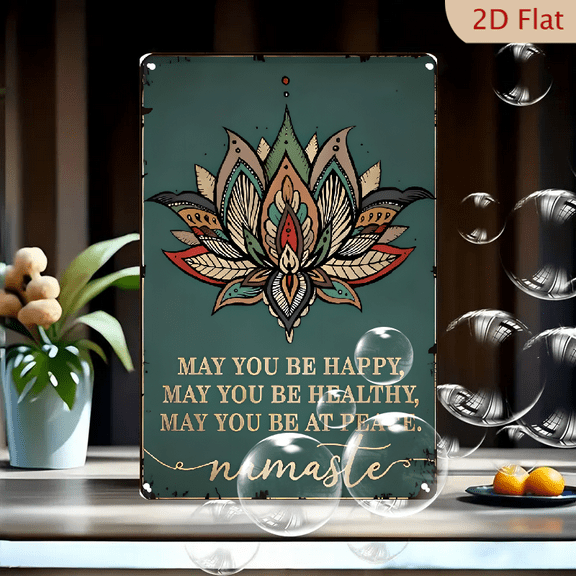 Vintage iron Wall Decor Sign - 8x12 Inch Yoga Namaste _May You Be Happy Healthy And At Peace_ Art Sign with Lotus Flower Design, Teal Background, Wall-Mounted for Living Room, Office, or Outdoor